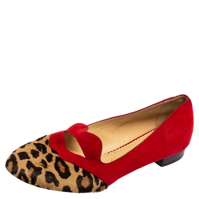 Pre-owned Charlotte Olympia Red/brown Leopard Print Calfhair And Suede Bisoux Lip Ballet Flats Size 41
