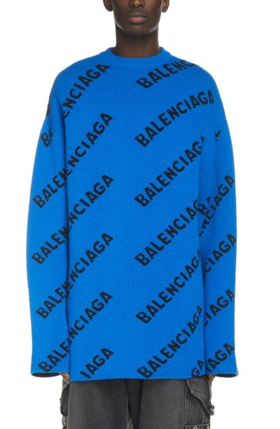 Shop Balenciaga Intarsia Diagonal Logo Oversize Wool Blend Sweater In Blue/black