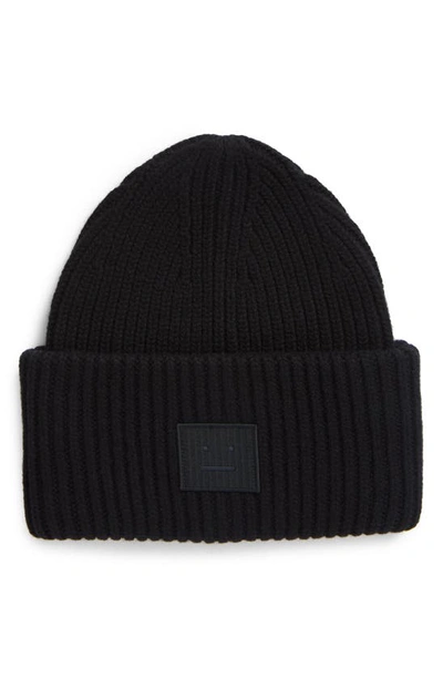 Acne Studios Pansy Face Patch Rib Wool Beanie In Black