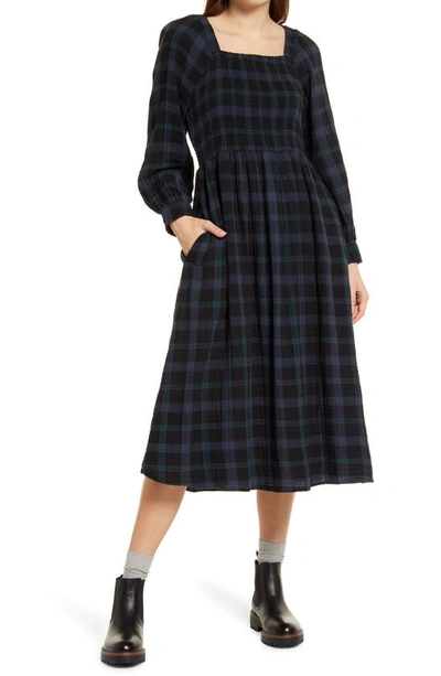 Shop Madewell Lucie Livonia Plaid Long Sleeve Smocked Lightspun Cotton Gauze Midi Dress In Dark Baltic