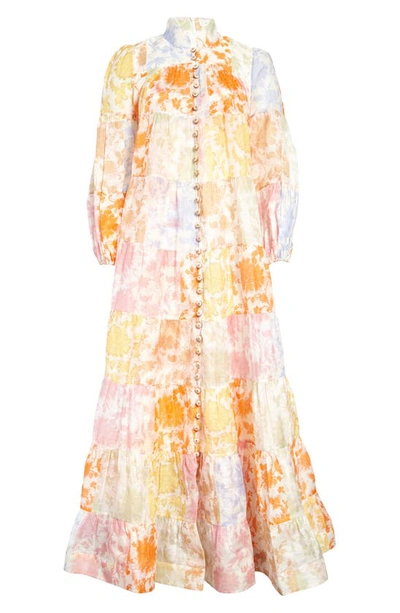 Shop Zimmermann Postcard Floral Tiered Linen & Silk Dress In Patchwork Tonal Floral