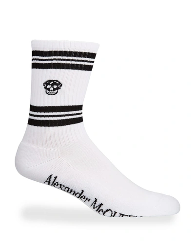 Shop Alexander Mcqueen Men's Striped Skull Crew Socks In White/black