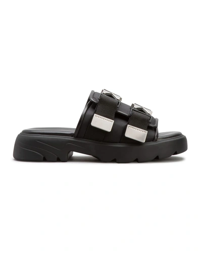Shop Bottega Veneta Flash Leather Dual-buckle Flat Sandals In Black