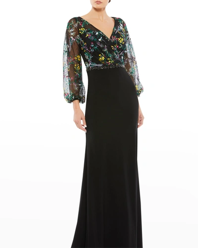 Shop Mac Duggal Floral-embroidered Puff-sleeve Column Gown In Black Multi