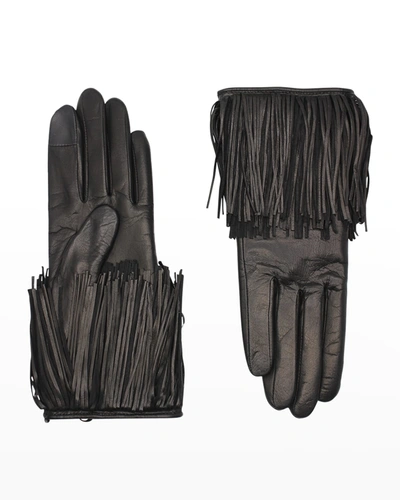 Shop Agnelle Lena Fringe Leather Gloves In Noir Tactile