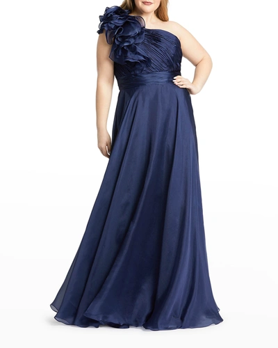 Shop Mac Duggal Plus Size One-shoulder A-line Ruffle Gown In Midnight