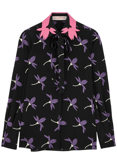 Shop Valentino Black Floral-print Silk De Crepe Chine Shirt In Multicoloured