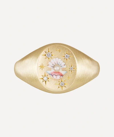 Cece Jewellery 18ct Gold The Clam And Pearl Diamond Signet Ring In Gold