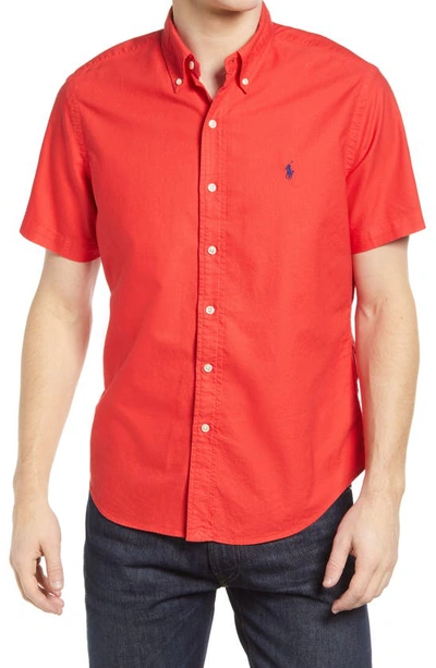Shop Polo Ralph Lauren Short Sleeve Cotton Button-down Shirt In Tomato