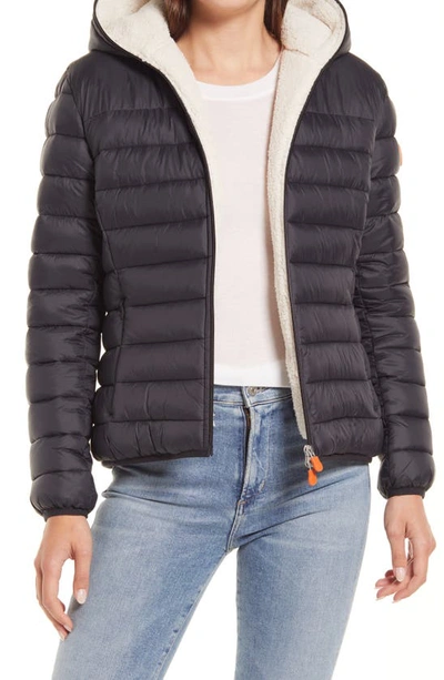 Shop Save The Duck Gwen Cozy Faux Fur Trim Hooded Puffer Jacket In Black
