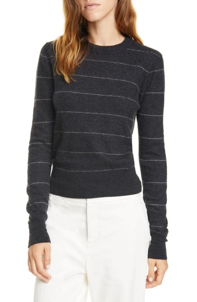 Shop Vince Stripe Fitted Cashmere Crewneck Sweater In H Charcoal/ Heather Dove Oat