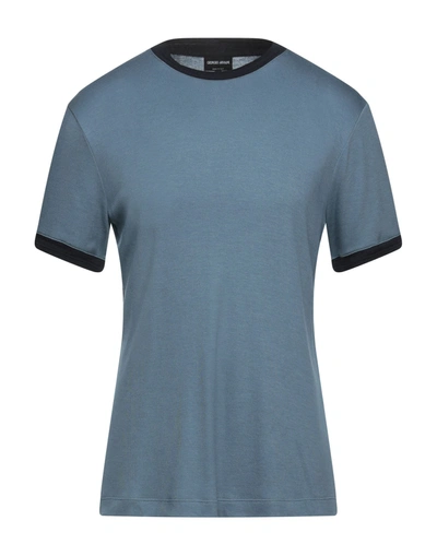 Shop Giorgio Armani Man T-shirt Slate Blue Size 46 Viscose, Silk, Polyamide, Elastane