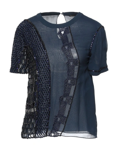 Shop Versace Woman Top Midnight Blue Size 2 Silk, Cotton, Polyester, Metal, Pvc - Polyvinyl Chloride