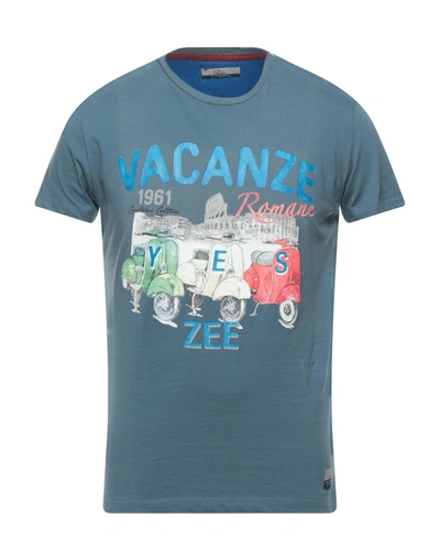 Shop Yes Zee By Essenza Man T-shirt Slate Blue Size S Cotton