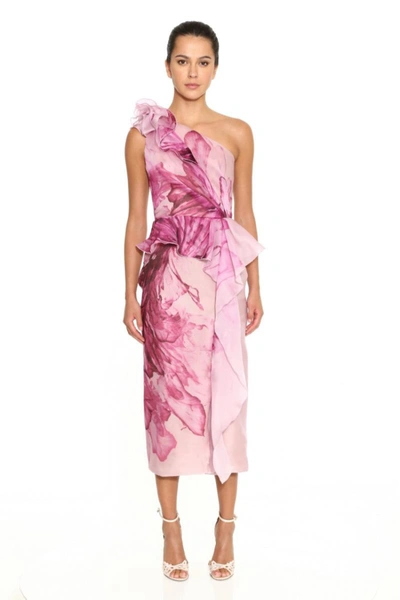 Shop Marchesa One Shoulder Printed Organza Midi Dress In Pink