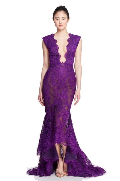 Shop Marchesa Fitted High-low Gown In Purple