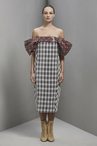 Shop Khoon Hooi Ruby Off Shoulder Sequin Tartan Checks Column Dress In Multicolor