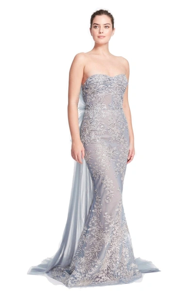 Shop Marchesa Strapless Neckline Fitted Gown In Silver