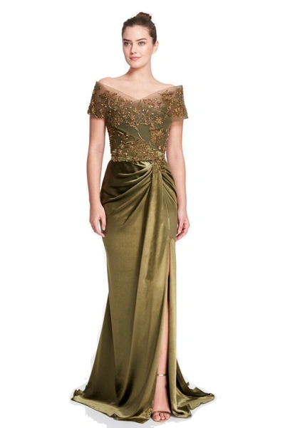 Shop Marchesa Gathered Slit Gown In Brown