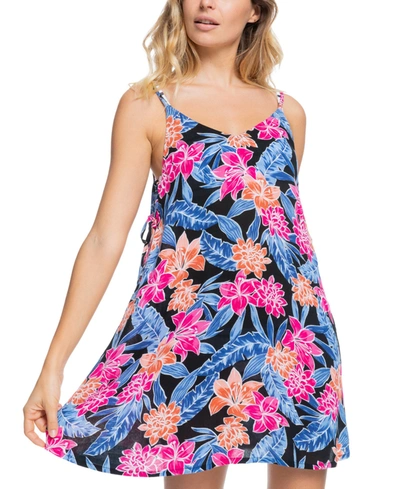Shop Roxy Juniors' Beachy Vibes Printed Dress Cover-up Women's Swimsuit In Anthracite Tropical Oasis