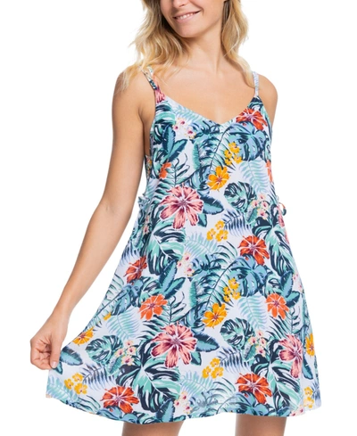 Shop Roxy Juniors' Beachy Vibes Printed Dress Cover-up Women's Swimsuit In White Soul Flower