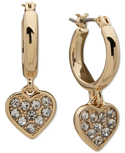 Shop Anne Klein Gold-tone Pave Heart Charm Hoop Earrings In Crystal