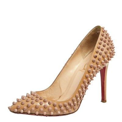 Pre-owned Christian Louboutin Beige Patent Leather Pigalle Spikes Pointed Toe Pumps Size 38