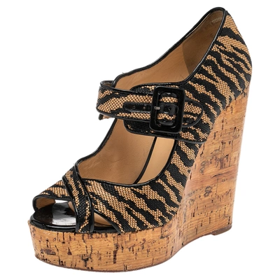 Pre-owned Christian Louboutin Brown Raffia Tiger Melides Wedge Sandals Size 38.5