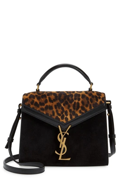 Shop Saint Laurent Mini Cassandre Leather Shoulder Bag In Noir/ Naturel