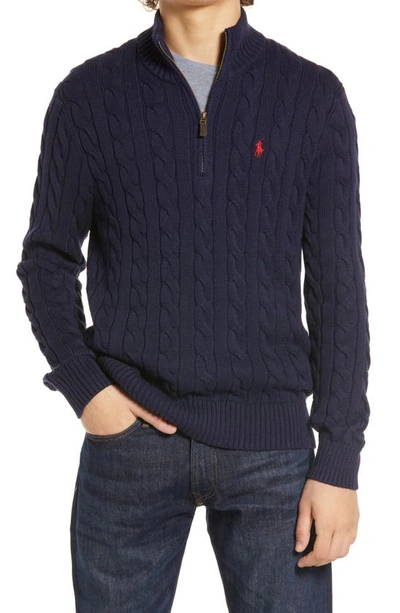 Polo Ralph Lauren Logo-embroidered Half-zip Cotton-knit Sweater In Hunter Navy