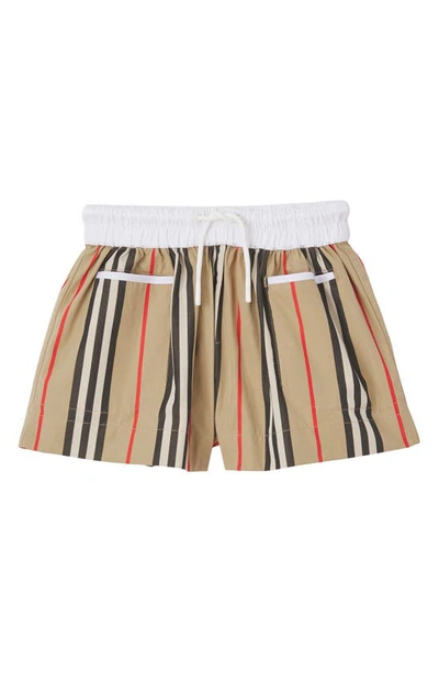 Shop Burberry Kids' Mini Sybil Icon Stripe Cotton Shorts In Archive Beige Ip S