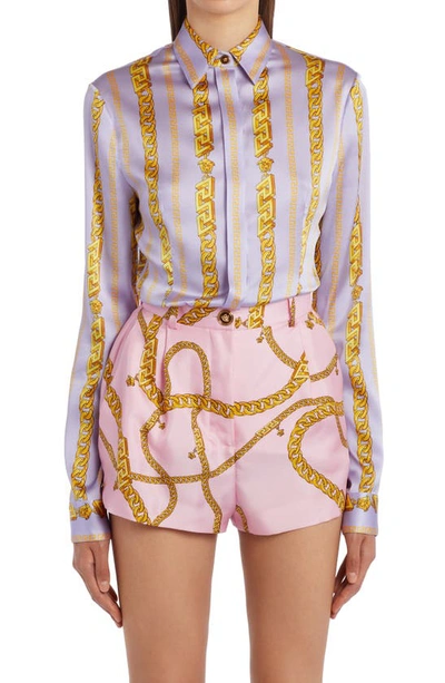 Shop Versace Greca Chain Print Stretch Silk Blouse In Orchid Gold