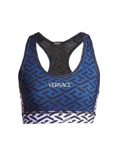 Shop Versace Women's Greca Print Logo Sports Bra In Blue Navy Orchard Pineapple