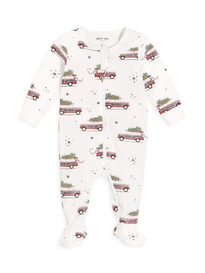 Shop Firsts By Petit Lem Baby Boy's Home For The Holidays Car-print Footie In Off White