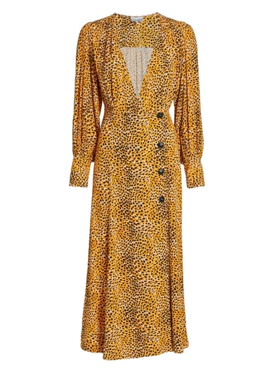 Shop Ganni Women's Leopard Print Plunge Midi Dress In Bright Marigold