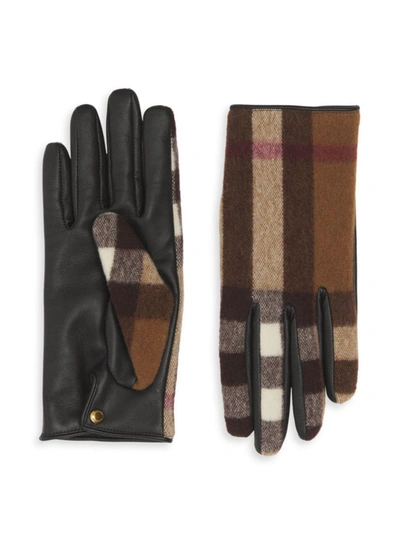 Shop Burberry Women's Sabrina Check Wool-leather Gloves In Birch Brown