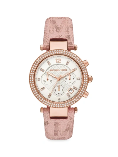 Shop Michael Kors Parker Rose Goldtone, Pavé & Pvc Logo-print Strap Chronograph Watch