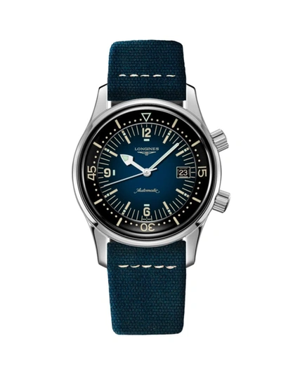 Shop Swatch Men's The Longines Legend Diver Stainless Steel & Leather Watch In Blue
