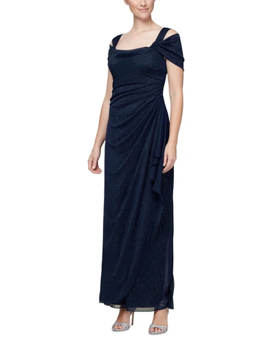 Shop Alex Evenings Cold-shoulder Draped Metallic Gown Regular & Petite Sizes In Navy Blue