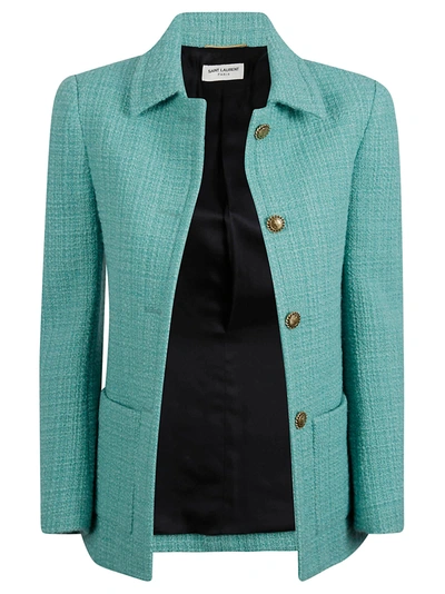 Shop Saint Laurent Tweed Buttoned Jacket In Turquoise
