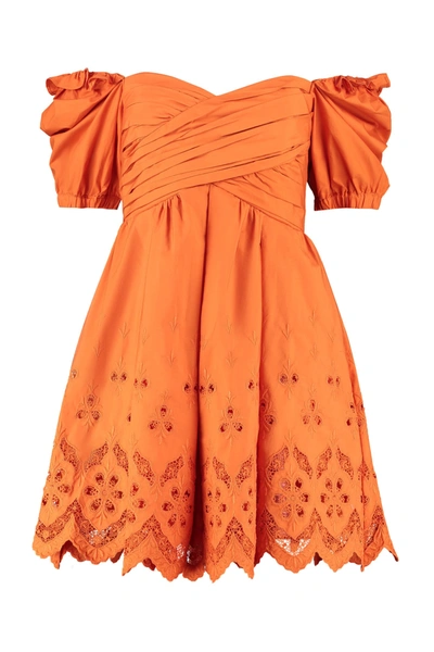 Shop Self-portrait Embroidered Mini Dress In Orange