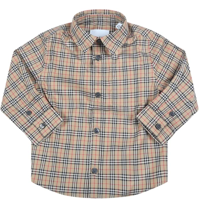 Shop Burberry Beige Shirt For Baby Boy With Vintage Checks