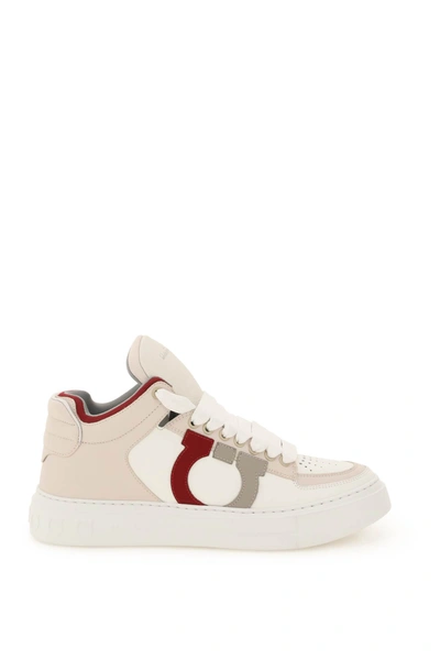 Shop Ferragamo Mid-top Leather Sneakers In Ott Rouge Rhin Grey (white)