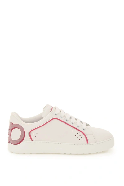 Shop Ferragamo Leather Gancini Sneakers In Bianco Ottico Hot Pink (white)
