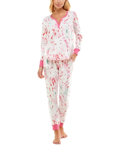 Shop Jaclyn Intimates Printed Faux Henley Top & Jogger Pants Set In Rad Tie Dye White