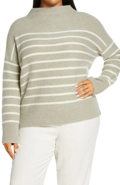 Shop Vince Breton Stripe Funnel Neck Cashmere Sweater In Light Heather Sage/off White