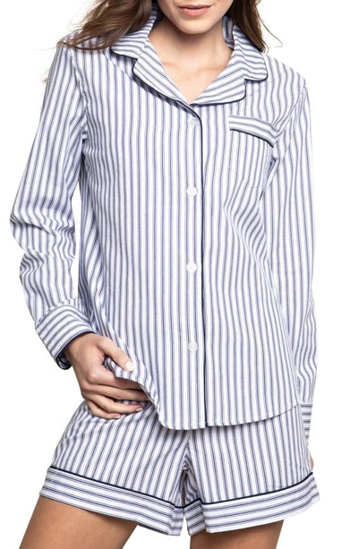 Petite Plume French Ticking Long-sleeve Short Pajama Set In Navy