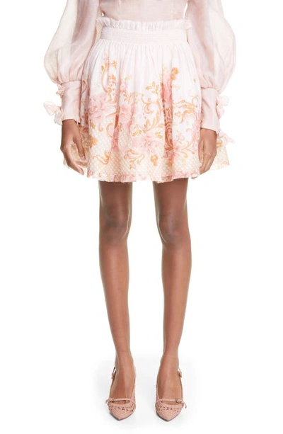 Shop Zimmermann Postcard Silk & Linen Flip Skirt In Swirl Floral Pink