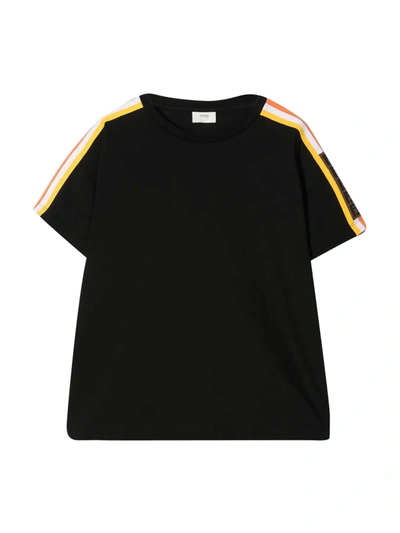 Shop Fendi Black T-shirt Wirh Multicolor Side Bands In Nero