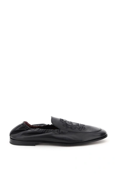 Shop Dolce & Gabbana Ariosto Loafers With Coat Of Arms Embroidery In Nero